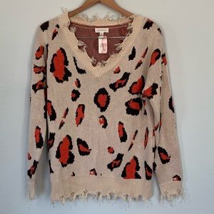 Promesa V-Neck Frayed Leopard Sweater Distressed Animal Print Small/Medium NWT